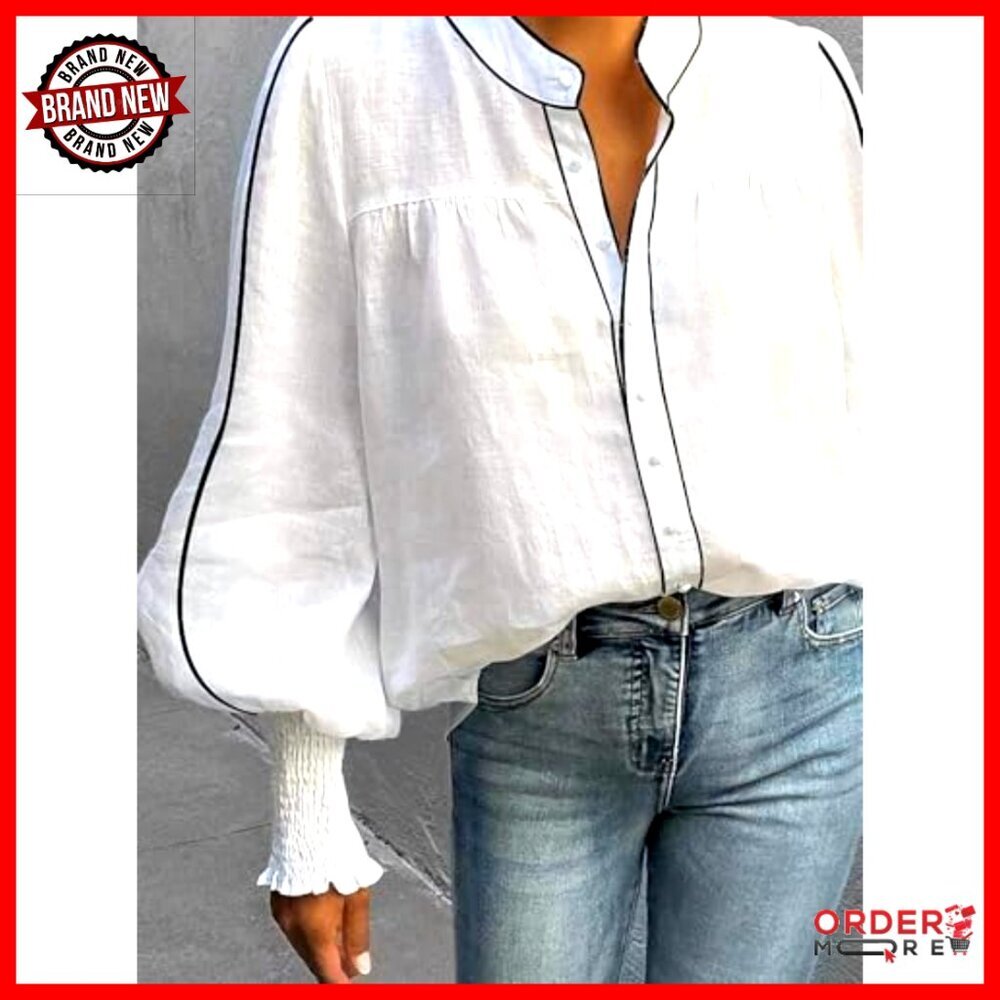 Women's Smocked Cuff Puff Sleeve Loose Fit Button Down Blouse Top - Picture 2 of 2